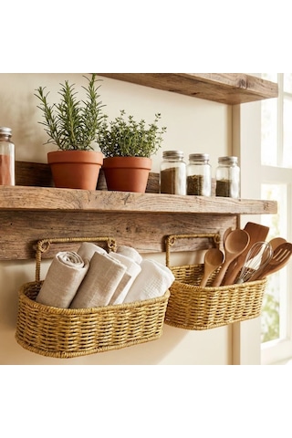 2 Li Duvar Askılı Plastik Rattan Organizer Oval Hasır Görünümlü Mutfak Raf Sepeti, Banyo Ve Ev İçi Düzenleme Ünitesi Sarı