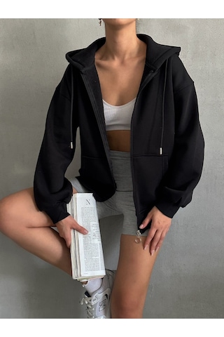 Kadın Fermuarlı Oversize Sweat Hırka Siyah