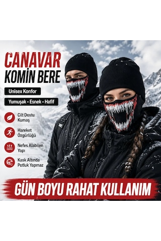 Womanandkids Wak Unisex Canavar Diş Baskılı Balaklava 1 Adet Tek Beden Viskoz Kask İçi Motosiklet Maskesi Siyah