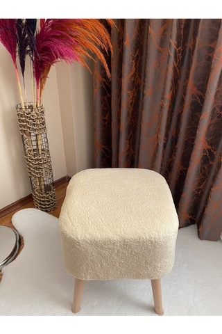 Kare Kesim Ahşap Ayaklı Teddy Kumaş Dekoratif Ekru Renk Puf