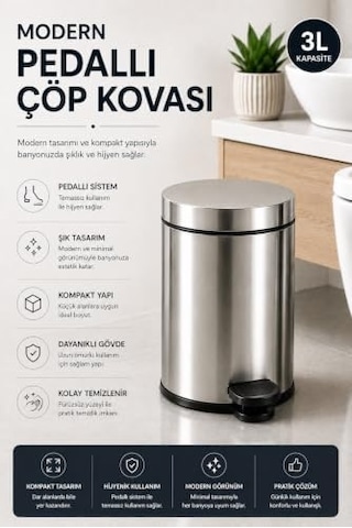 Krom Pedallı Çöp Kovası 3 Lt Eko