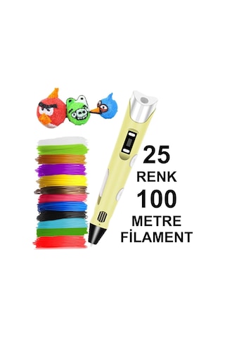 Sari 3D Kalem Yazıcı+25 Renk 100 Metre (25X4Metre) Pla Filament