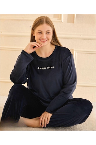 Mihra Kadın Kışlık Bisiklet Yaka Kadife Battal Pijama Takımı 13212l - 1 Adet Lacivert
