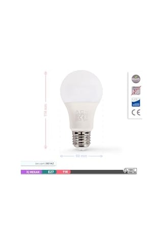 Led Ampül Beyaz 9w 6500k E27 A60 880 Lumen Diğer