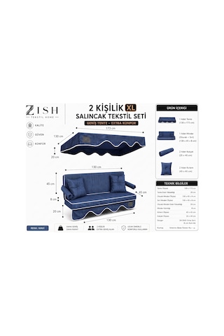 Zishome 2 Kişilik Salıncak Tekstil Seti 130x45x8 Cm Bahçe Balkon Salıncağı Minder Ve Tente Takımı Metal İskelet Dahil Değildir Lacivert
