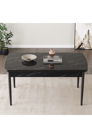 Mabel Siyah Mermer Desen 80x132 Açılabilir Yemek Odası Takımı 4 Sandalye, 1 Bench Krem