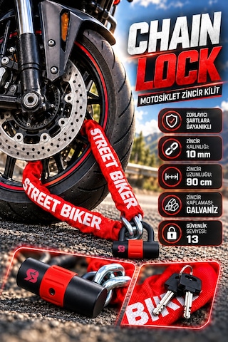 Street Biker Galvanizli Motosiklet Zincir Kilidi - Güçlendirilmiş Chain Lock 10 Mm X 90 Cm