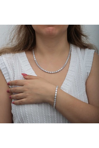 Blackcraft Gümüş Beyaz Taşlı Su Yolu Kadın Set Bc-68a809 Beyaz