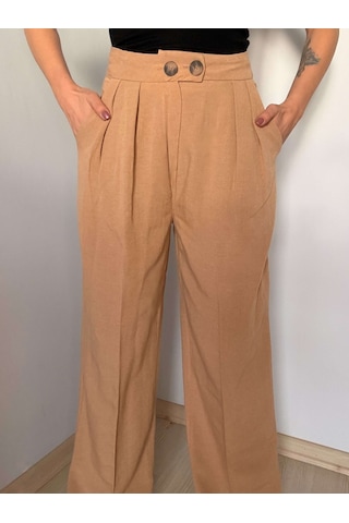 Camel Çift Pileli Keten Pantolon Camel