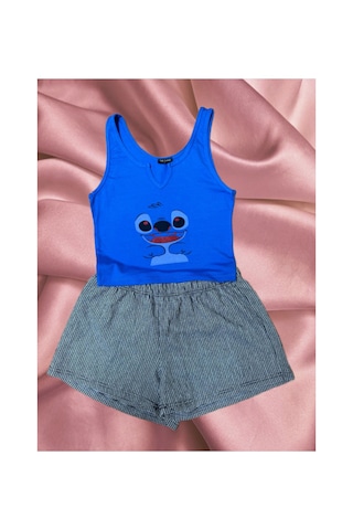 Pazarız Pembecin Şortlu Pijama Takımı Babydol İp Askılı Yazlık Pamuklu Kolsuz Mavi Gri Ayıcık Mavi