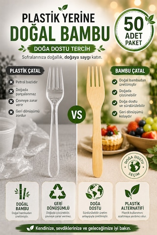 50'li Doğal Bambu Çatal 17 Cm Kullan At Parti Davet Piknik Baby Shower İkramlık Sunum Seti