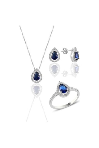 Gümüş Rodyumlu Safir Taşlı Damla Modeli Üçlü Set