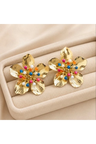 Riody Rainbow Bloom Gold Renkli Taşlı Büyük Çiçek Küpe Sarı - Gümüş - Gold