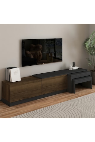 Nest Tv Sehpası Modern Tasarım,2 Kapaklı Depolama Ve İkili Zigon Sehpa İle Fonksiyonel Mobilya Antrasit - Ceviz