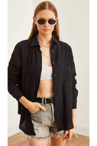Kadın Oversize Basic Cepli Müslin Gömlek Siyah