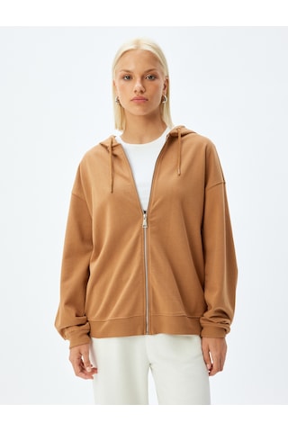 Koton Fermuarlı Kapşonlu Sweatshirt Uzun Kollu Üç İplik Pamuklu Deve Tüyü 5wak10225ek Taba