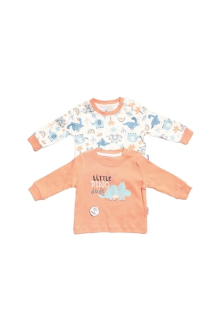 Bebegen Erkek Bebek Ekru Turuncu Little Dinolu Baskılı 2'li Body Set Çok Renkli