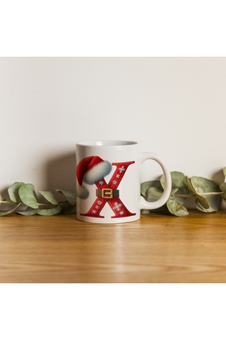 X Harfi Yılbaşı Temalı Bardak 330 Ml Harfli Kişiye Özel Hediye - Yeniyıl / Noel Şapka Tasarım Beyaz