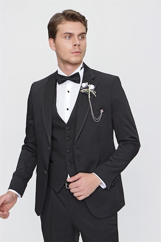 İmza Siyah Desenli Armürlü Mono Yaka Astarlı Yelekli 6 Drop Slim Fit Dar Kesim Smokin Damatlık 1001220201-Siyah