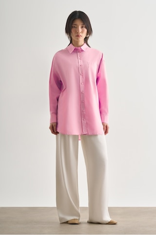 Mizalle Premium Saf Pamuk Pembe Oversize Gömlek Pembe