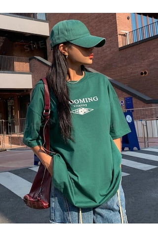 Vitality T-shirt - Nefti Yeşil Baskılı Oversize Bisiklet Yaka Kısa Kol Tişört Nefti Yeşil