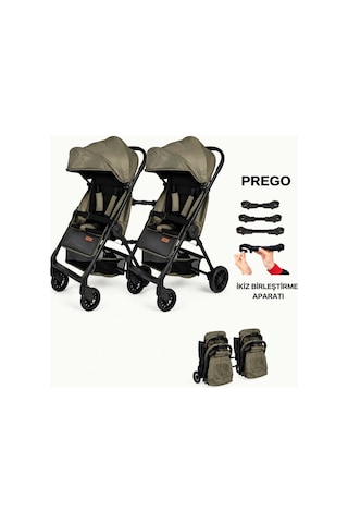 Prego İkiz Apartlı Birleşip Ayrılan Yan Yana İkiz Kabin Boy Bebek Arabası Haki1