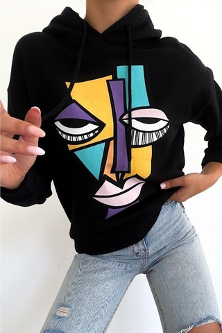 Femelle Kadın Yeni Sezon Karakter Baskılı Kapüşonlu Pamuklu Sweatshirt siyah