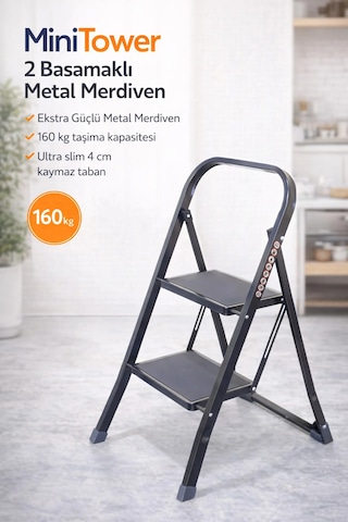 Minitower 2 Basamaklı Metal Merdiven - Ekstra Güçlü Siyah