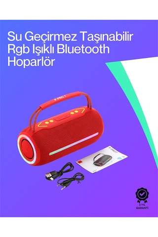 360 Rgb Led'li Taşınabilir Bluetooth Hoparlör Kırmızı, Usb/tf D