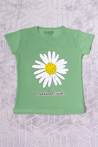 Hçm Kız Çocuk Tshirt Papatya Baskılı Bisiklet Yaka D26 Yeşil