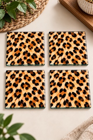 Gökçeoğlu Cam Bardak Altlığı Leopar Temalı 4'lü Takım 10cm X 10cm Çok Renkli