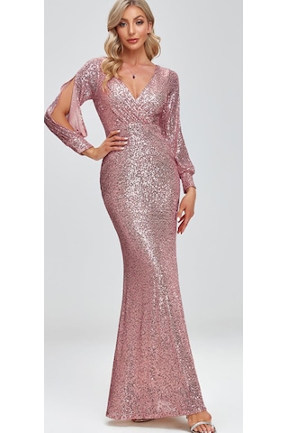 Hanife Glam Couture Hanife Glam Uzun Kollu Kruvaze Yaka Pullu Abiye Elbise Pembe