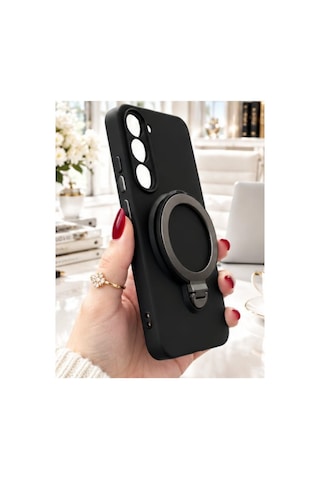 Tecno Spark 40 Pro İle Uyumlu 360 Derece Dönebilen Kalın Metal Magsafe Halka Stantlı İçi Kadife Korumalı Ultra Lüx Premium Silikon Kılıf Siyah