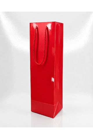 Şişelik İpli Kırmızı Karton Poşet, 1 Adet-12x10x38 Cm, Kalın Yapı