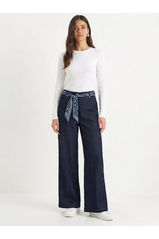 Shade Kadın Saten Kemer Detaylı Wide Leg Denim Pantolon 7510 60283941 - Lacivert