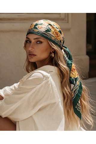 Trend Dokunuş Kadın 70-70 Saten Güldesenli Fular Bandana Gül