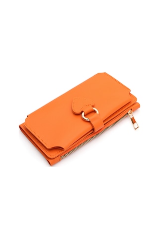 Soft Yumuşak Deri Cep Telefon Bölmeli Kalp Detaylı Trend Kadın Cüzdan Turuncu Turuncu