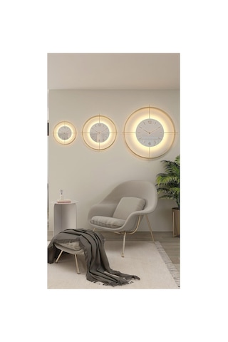 Metaquartz Aksesuar Büyük Boy 55 55 Cm Gold Deluxe Ledli Pilli - Beyaz Göbek - Modern Dekoratif Metal Duvar Sa Çok Renkli