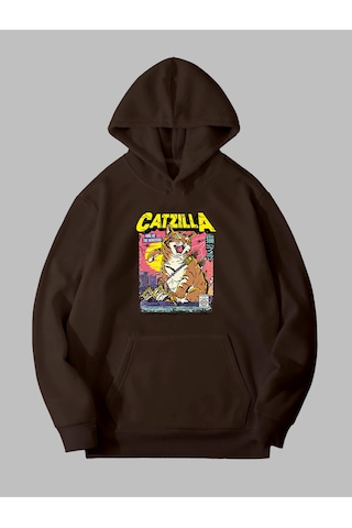 Harmandar Üç İplik Catzilla Baskılı Unisex Kahverengi Kanguru Cepli Kapüşonlu Sweatshirt Hoodie Catzillakahverengisweat