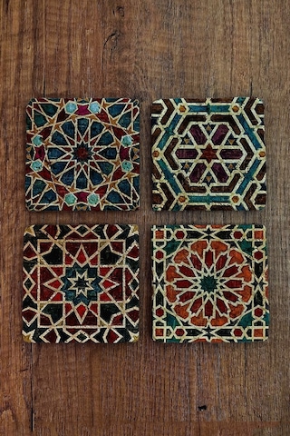Doğal Taş Bardak Altlığı 4'lü Set 10x10x1 Cm Geometrik Desenler - Stone Coasters Çok Renkli