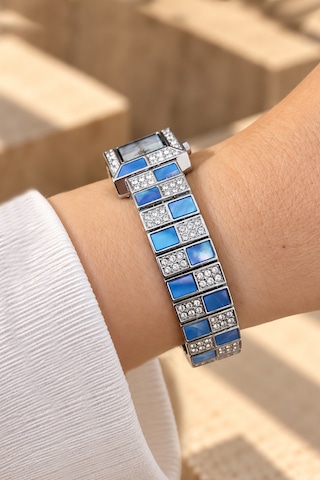 Rubenis Swiss Kadın Kol Saati 22x18 Mm Kristal Taşlı Çelik Kasa Ve Bilezik Mavi Sedef Detaylı Gümüş