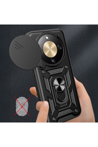 Maks Technology Honor Magic 8 Lite 5g Kılıf Magnetik Standlı Kamera Korumalı Mkst Sürgülü Vega Kapak - Siyah