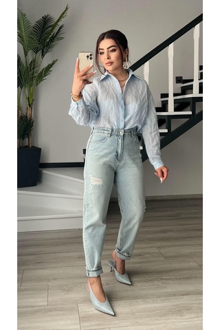 Kar Yıkama Kapalı Yırtık Mom Jean Kar Yıkama