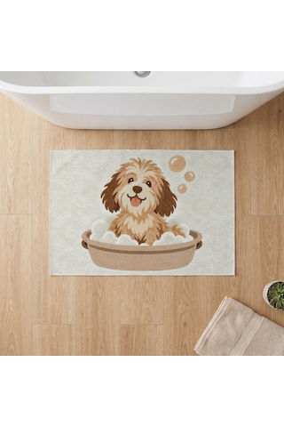Kartela Halı Köpek Desenli Banyo Paspası Adaçayı Yeşili Kaymaz Taban Makinede Yıkanabilir 50x75 Cm