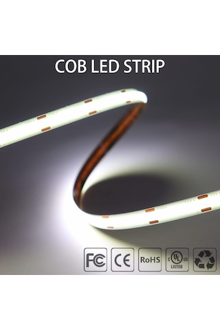 Cob Led Şerit 5metre 12v 480led/m 6500k Soğuk Beyaz 10w 8mm Ip20 Aydınlatma Işık Hortum Kendinden Yapışkanlı Soğuk Beyaz