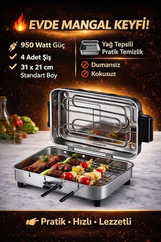 Taner Standart Boy Elektrikli Izgara Mangal Barbekü 31 x 21 CM - 950 W Tnrz1700