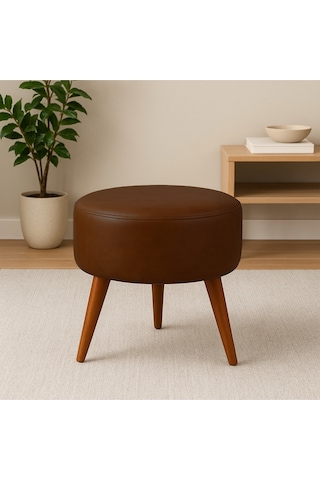 Acı Kahve Deri Puf Demonte Ayaklı Modern Oturma Ve Dekoratif Sehpa Acı Kahve