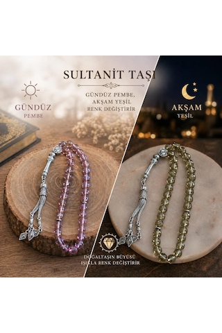 Sultanit Taşı 33 Lü Tesbih 08 Mm Gündüz Pembe Akşam Yeşil Renk Değiştiren Doğal Taş Zultanit Tesbih Özel Tasarım