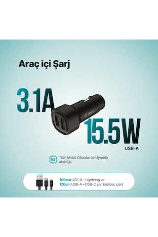 Smartcharger Duo 3.1a Araç Şarj Aleti Çift Usb + Usb-c Ve Lightning Kablo