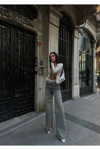 Meecy Tint Yeşili Kadın Wide Leg Jean Yüksek Bel Palazzo Likralı Esnek Kot Pantolon Tintyeşil Tintyeşil